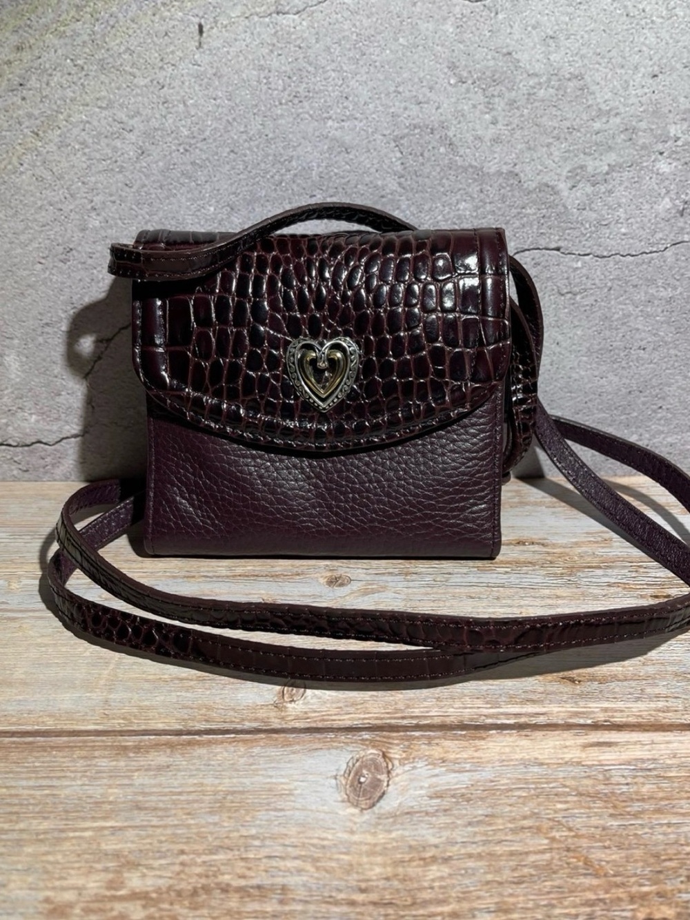 Brighton Trifold Crossbody Compact Wallet Heart Applique' Burgundy Mixed Leather